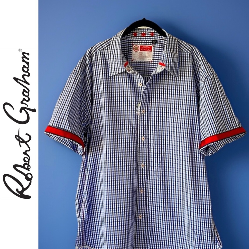 Robert Graham Mens Blue Check Red Flip Cuff Short Sleeve Button Up Shirt Sz 2XL